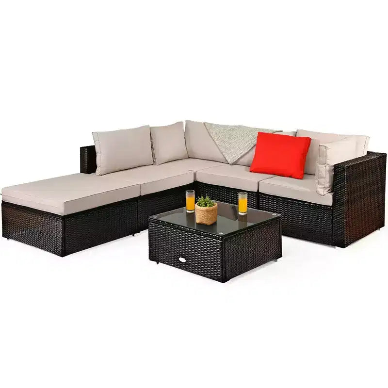 Costway Salon de jardin 6 pièces en rotin avec canapé modulable et pouf rembourré