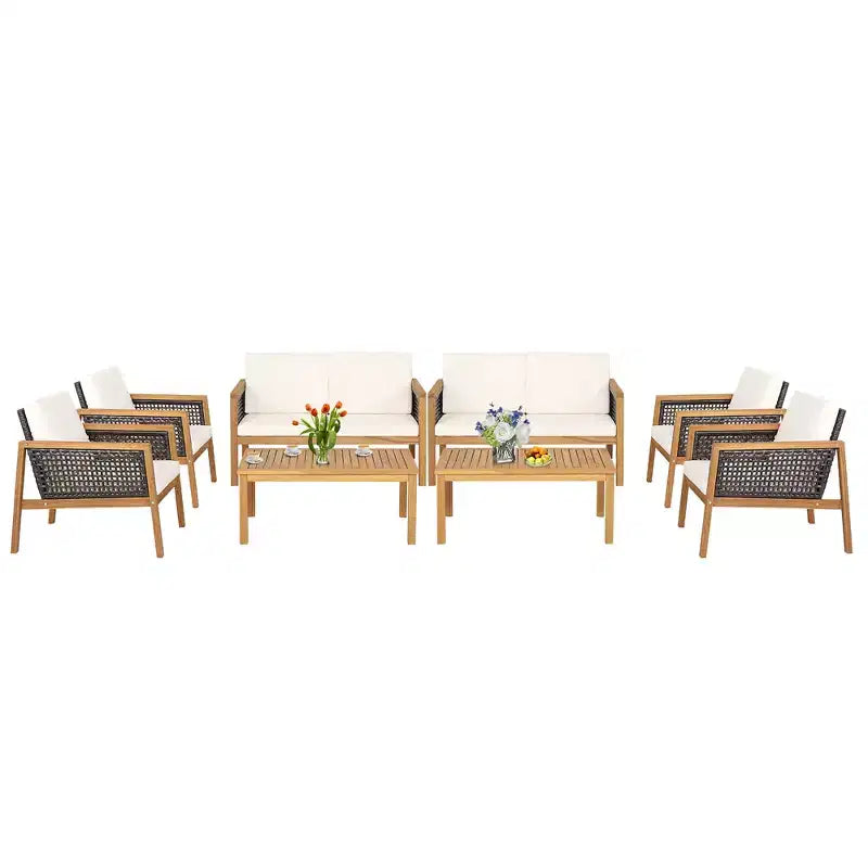 Costway Ensemble de Meubles de Patio en Rotin 8 Pièces Canapé Rembourré en Bois d'Acacia