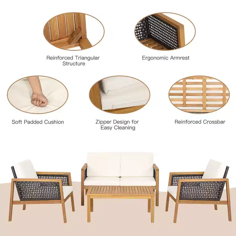 Costway Ensemble de Meubles de Patio en Rotin 8 Pièces Canapé Rembourré en Bois d'Acacia