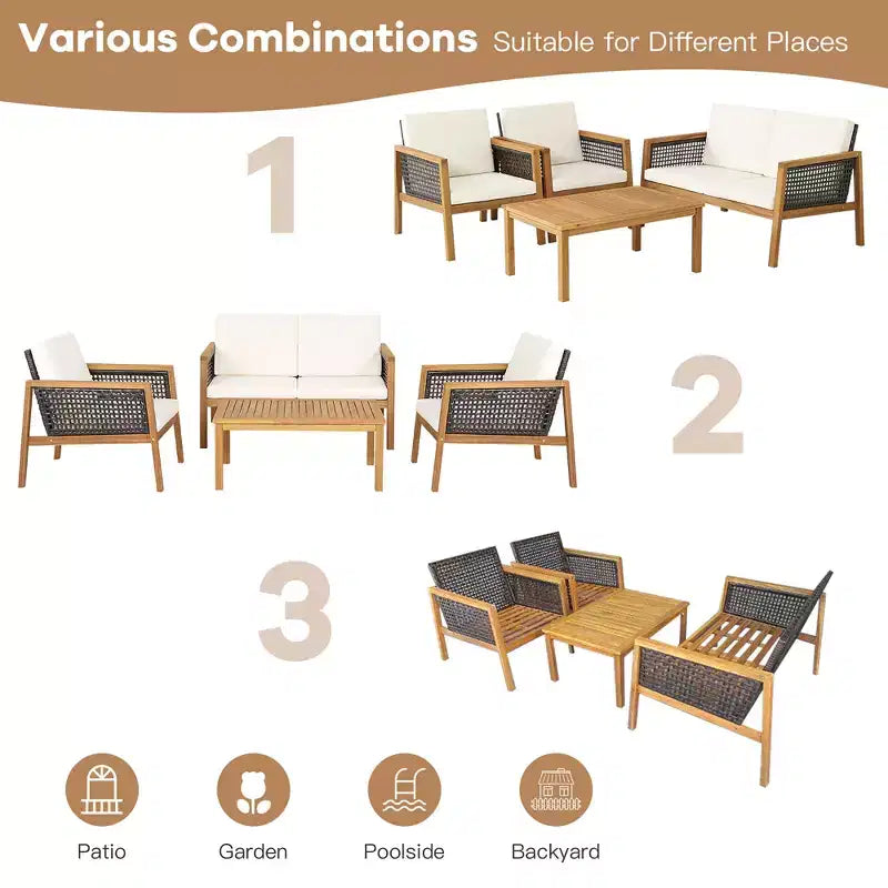 Costway Ensemble de Meubles de Patio en Rotin 8 Pièces Canapé Rembourré en Bois d'Acacia