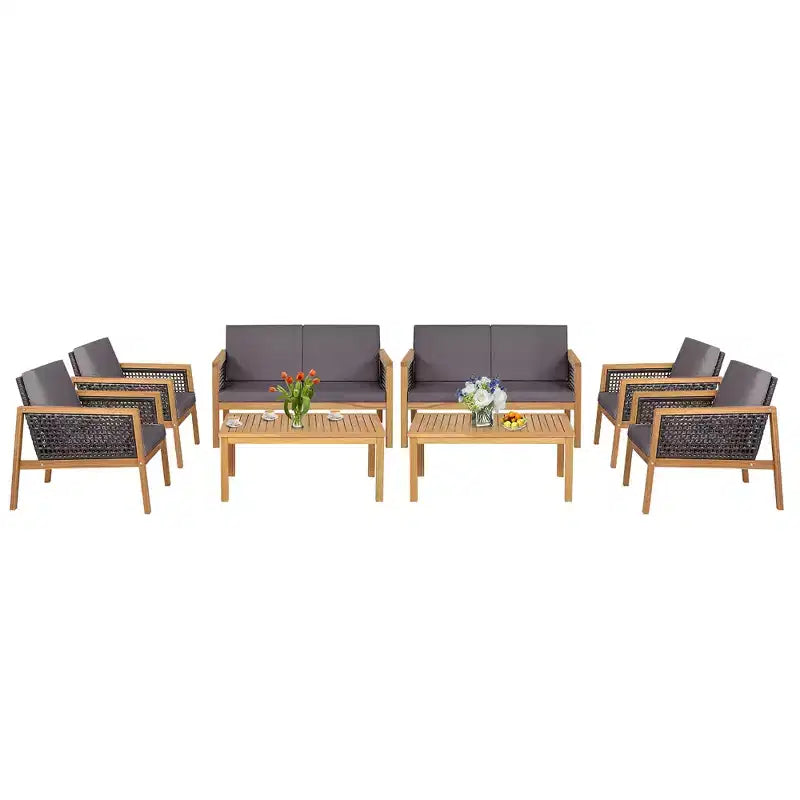 Costway Ensemble de Meubles de Patio en Rotin 8 Pièces Canapé Rembourré en Bois d'Acacia