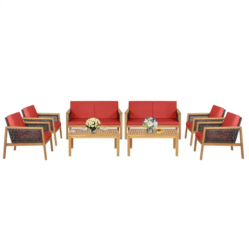 Costway Ensemble de Meubles de Patio en Rotin 8 Pièces Canapé Rembourré en Bois d'Acacia