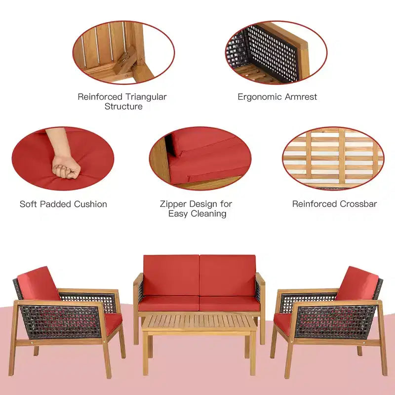 Costway Ensemble de Meubles de Patio en Rotin 8 Pièces Canapé Rembourré en Bois d'Acacia