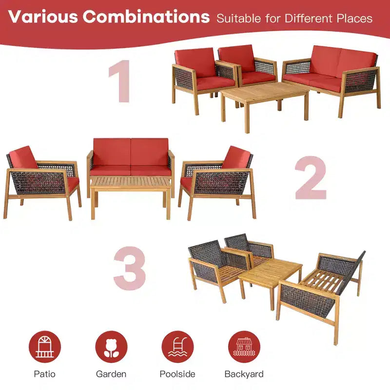 Costway Ensemble de Meubles de Patio en Rotin 8 Pièces Canapé Rembourré en Bois d'Acacia