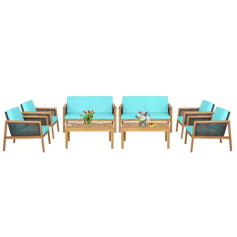 Costway Ensemble de Meubles de Patio en Rotin 8 Pièces Canapé Rembourré en Bois d'Acacia