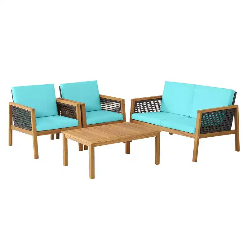 Costway Ensemble de Meubles de Patio en Rotin 8 Pièces Canapé Rembourré en Bois d'Acacia