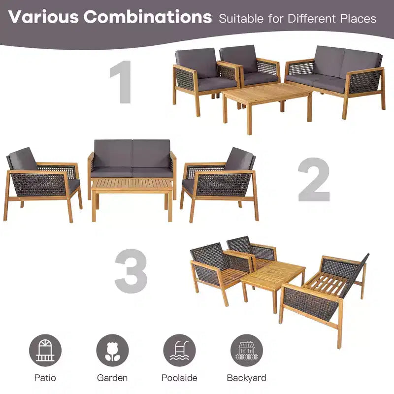 Costway Ensemble de Meubles de Patio en Rotin 8 Pièces Canapé Rembourré en Bois d'Acacia