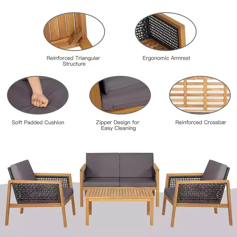 Costway Ensemble de Meubles de Patio en Rotin 8 Pièces Canapé Rembourré en Bois d'Acacia