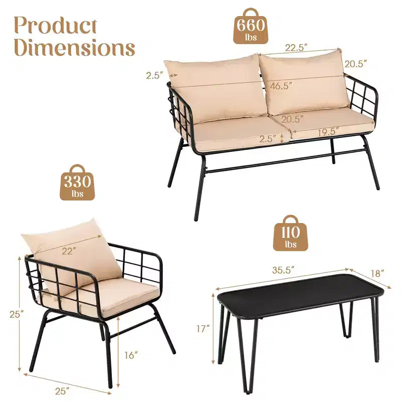 Costway Ensemble de Meubles de Jardin 4 Pièces Canapé Rembourré Causeuse Table Accoudoir