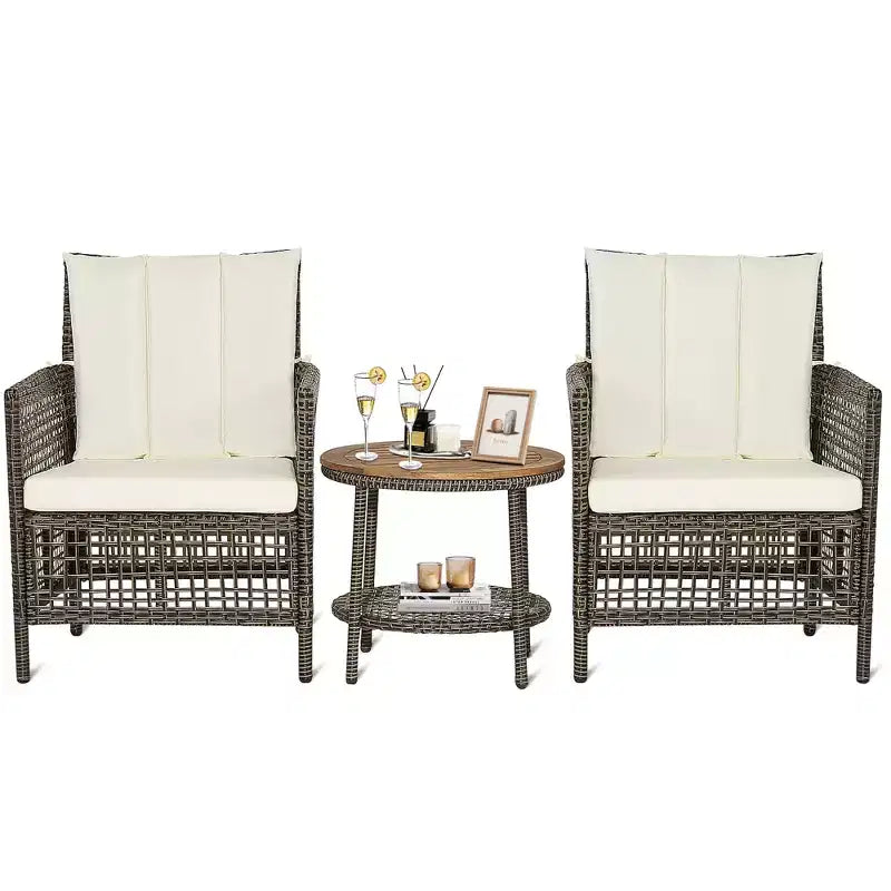 Costway Patiojoy Ensemble de Mobilier de Jardin 3 Pièces en Rotin avec Coussins Canapés et Table Basse en Bois avec Étagère