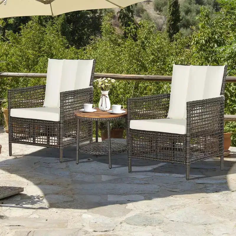 Costway Patiojoy Ensemble de Mobilier de Jardin 3 Pièces en Rotin avec Coussins Canapés et Table Basse en Bois avec Étagère