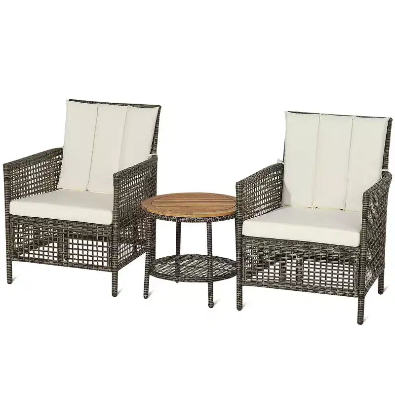 Costway Patiojoy Ensemble de Mobilier de Jardin 3 Pièces en Rotin avec Coussins Canapés et Table Basse en Bois avec Étagère
