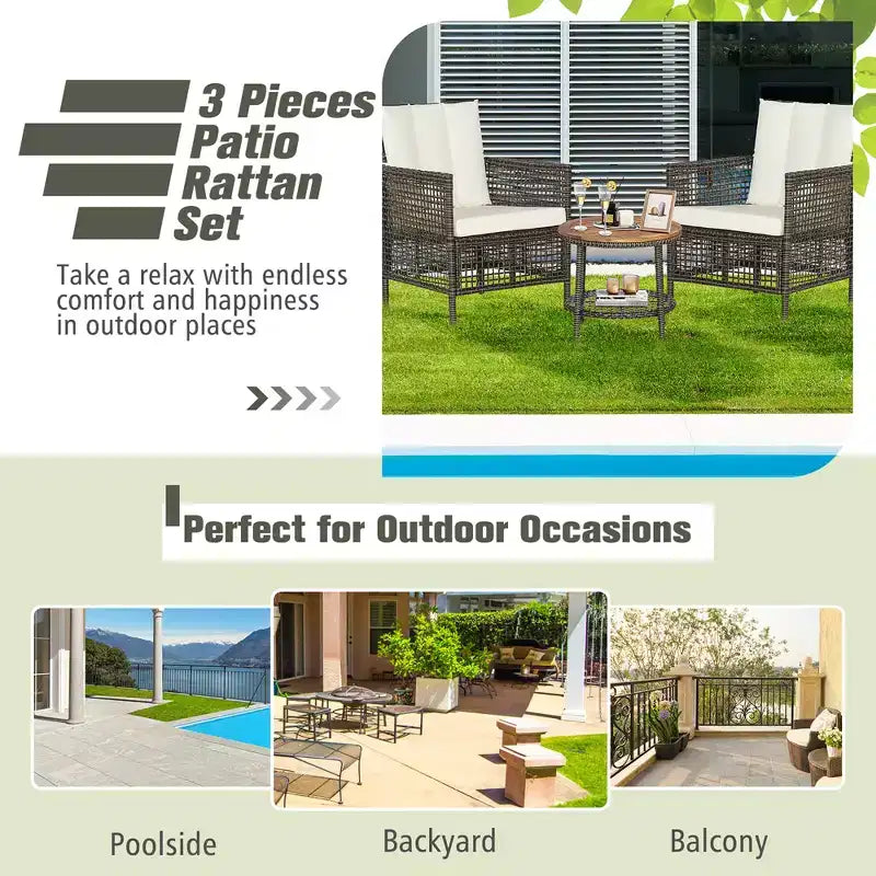 Costway Patiojoy Ensemble de Mobilier de Jardin 3 Pièces en Rotin avec Coussins Canapés et Table Basse en Bois avec Étagère
