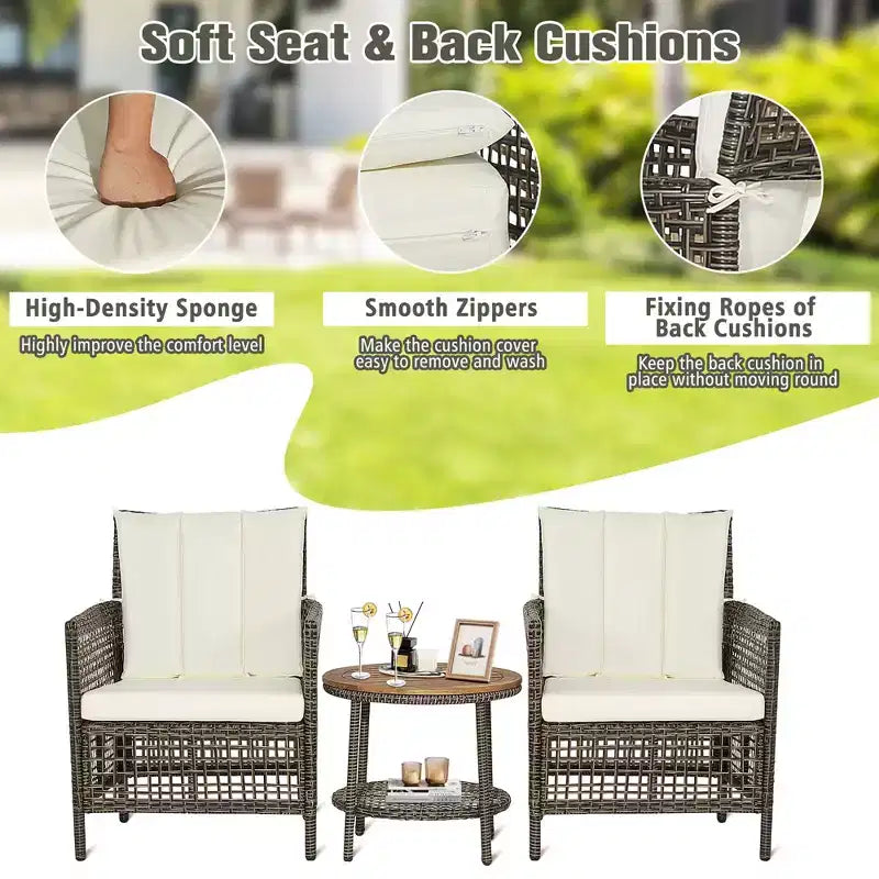 Costway Patiojoy Ensemble de Mobilier de Jardin 3 Pièces en Rotin avec Coussins Canapés et Table Basse en Bois avec Étagère