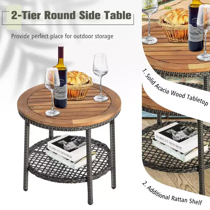 Costway Patiojoy Ensemble de Mobilier de Jardin 3 Pièces en Rotin avec Coussins Canapés et Table Basse en Bois avec Étagère