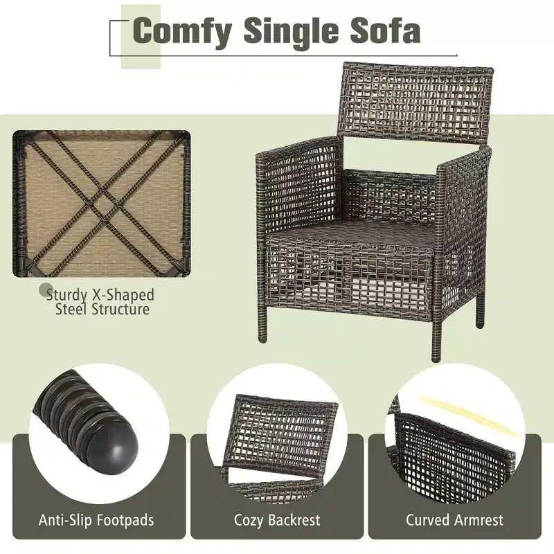 Costway Patiojoy Ensemble de Mobilier de Jardin 3 Pièces en Rotin avec Coussins Canapés et Table Basse en Bois avec Étagère