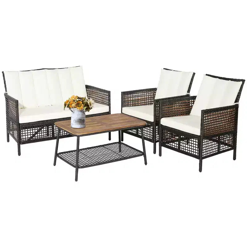Costway Patiojoy 4PCS Patio Rattan Furniture Set Cushioned Chairs Wood Table Top W/Shelf