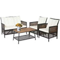 Costway Patiojoy 4PCS Patio Rattan Furniture Set Cushioned Chairs Wood Table Top W/Shelf