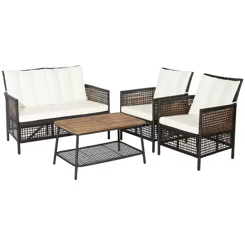 Costway Patiojoy Ensemble de 4 meubles de patio en rotin Chaises rembourrées Table en bois avec étagère