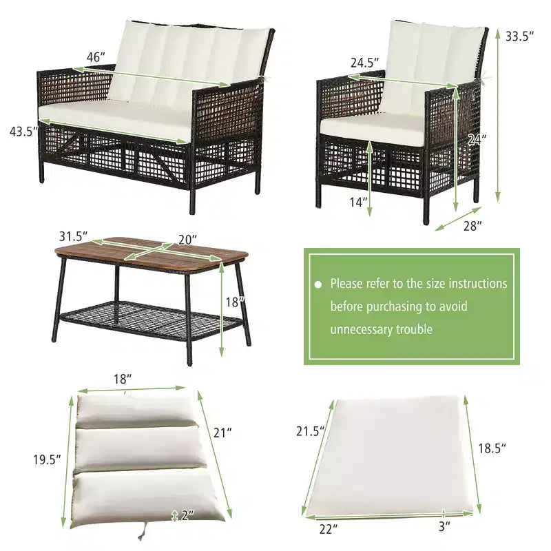Costway Patiojoy Ensemble de 4 meubles de patio en rotin Chaises rembourrées Table en bois avec étagère