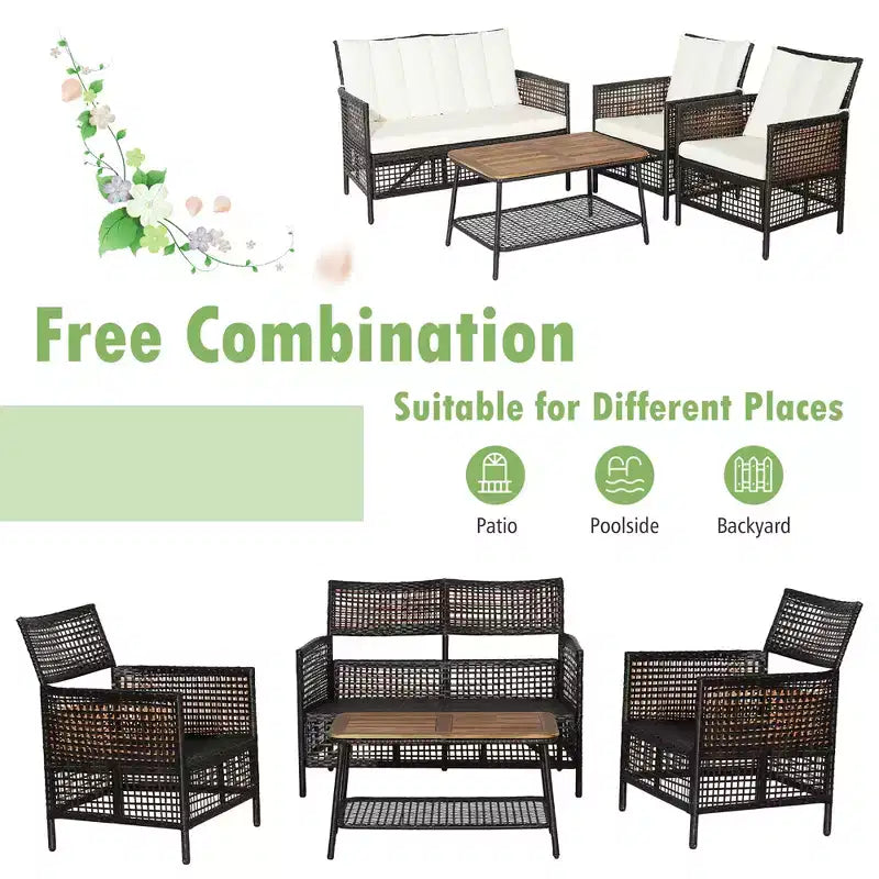 Costway Patiojoy Ensemble de 4 meubles de patio en rotin Chaises rembourrées Table en bois avec étagère