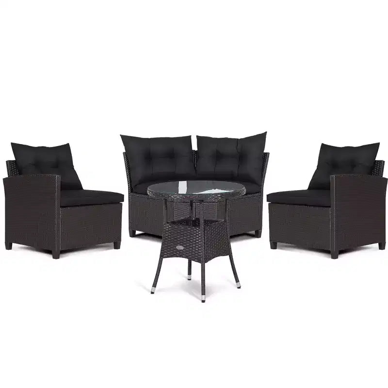 Costway Salon de Jardin 4 Pièces en Rotin avec Coussins Canapé et Table en Verre