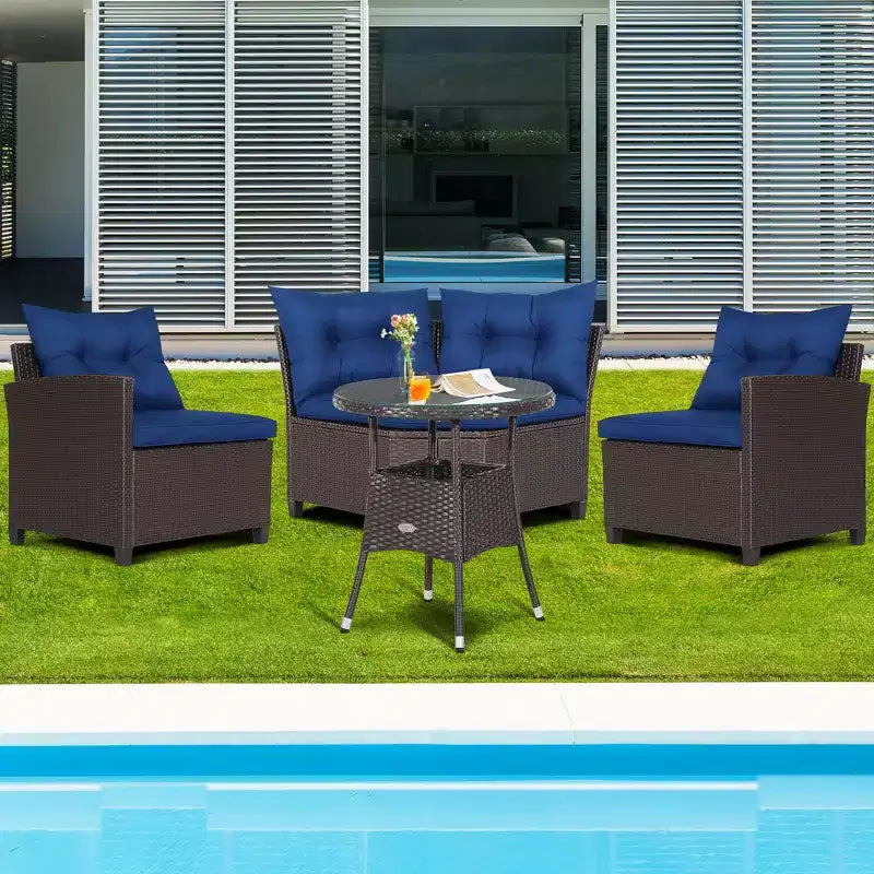 Costway Salon de Jardin 4 Pièces en Rotin avec Coussins Canapé et Table en Verre