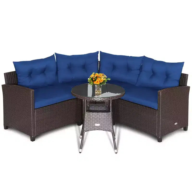 Costway Salon de Jardin 4 Pièces en Rotin avec Coussins Canapé et Table en Verre
