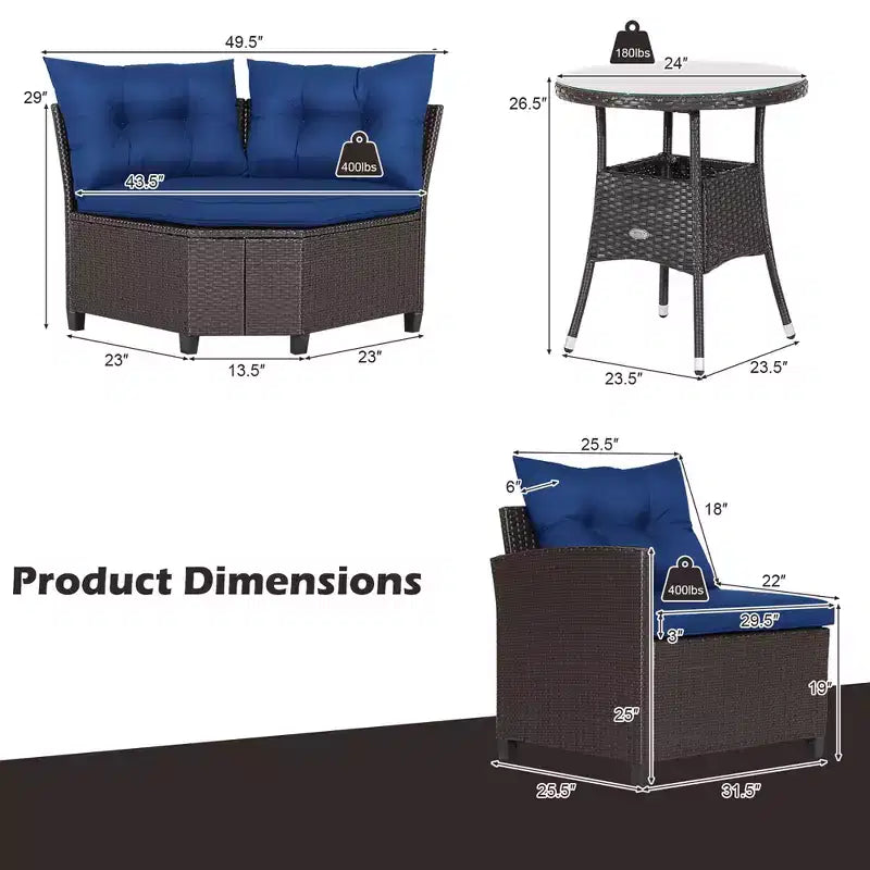 Costway Salon de Jardin 4 Pièces en Rotin avec Coussins Canapé et Table en Verre