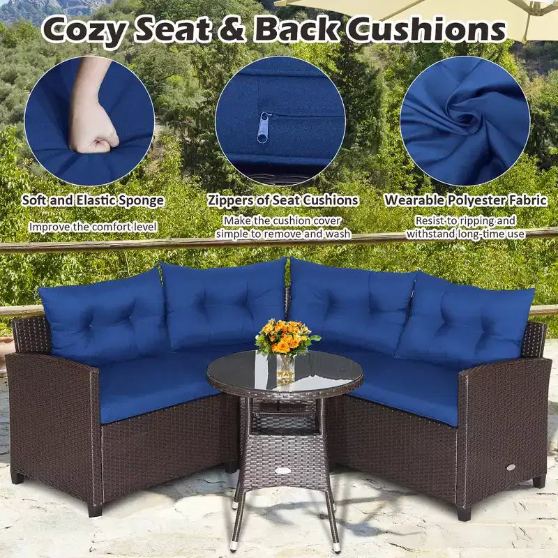 Costway Salon de Jardin 4 Pièces en Rotin avec Coussins Canapé et Table en Verre