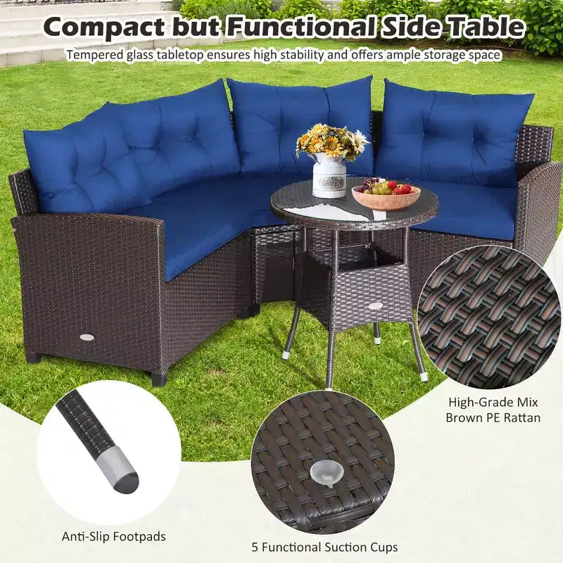 Costway Salon de Jardin 4 Pièces en Rotin avec Coussins Canapé et Table en Verre