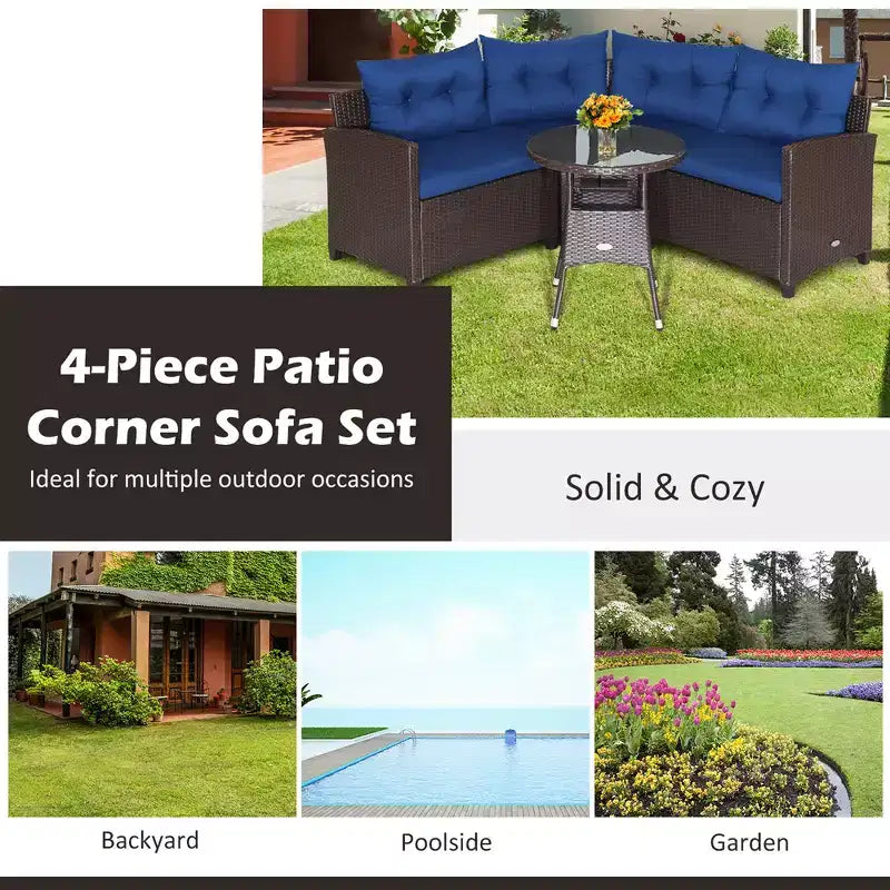 Costway Salon de Jardin 4 Pièces en Rotin avec Coussins Canapé et Table en Verre