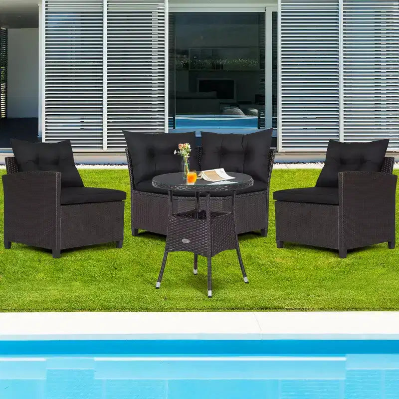 Costway Salon de Jardin 4 Pièces en Rotin avec Coussins Canapé et Table en Verre