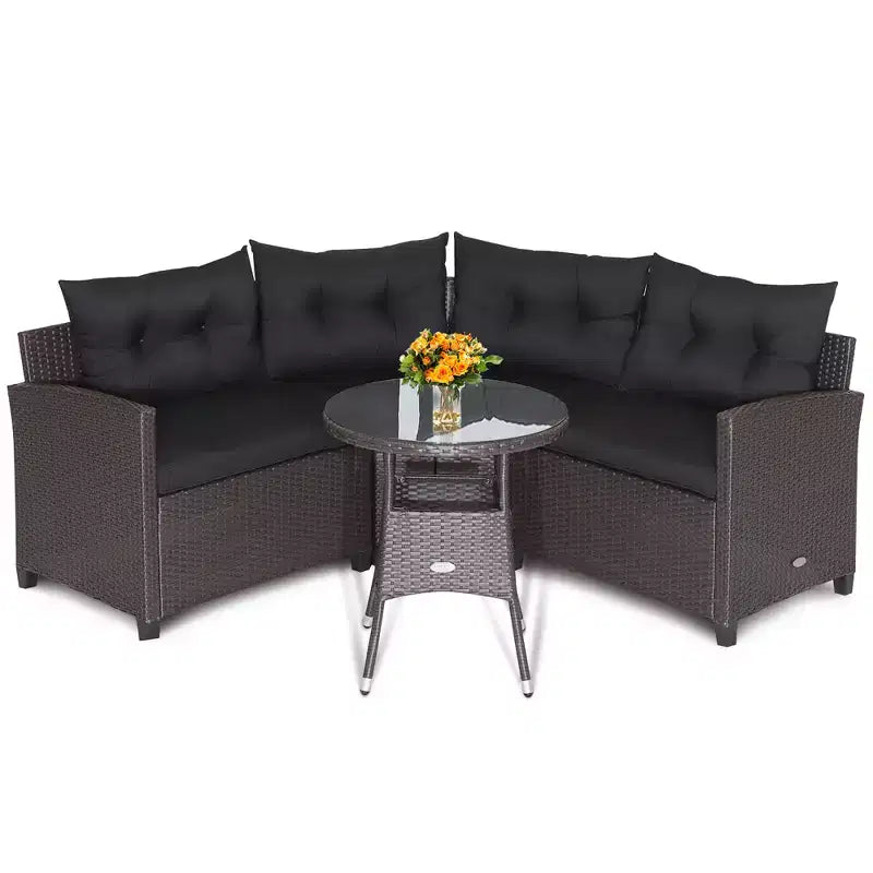 Costway Salon de Jardin 4 Pièces en Rotin avec Coussins Canapé et Table en Verre