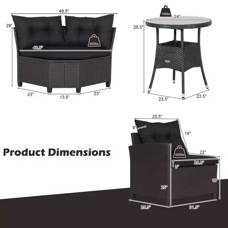 Costway Salon de Jardin 4 Pièces en Rotin avec Coussins Canapé et Table en Verre