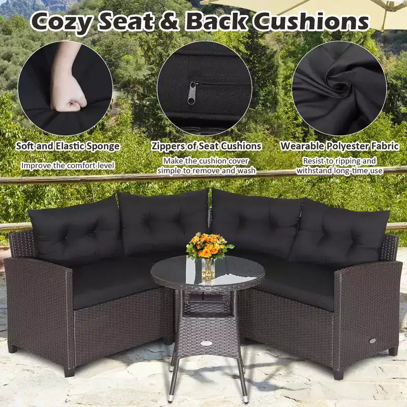 Costway Salon de Jardin 4 Pièces en Rotin avec Coussins Canapé et Table en Verre