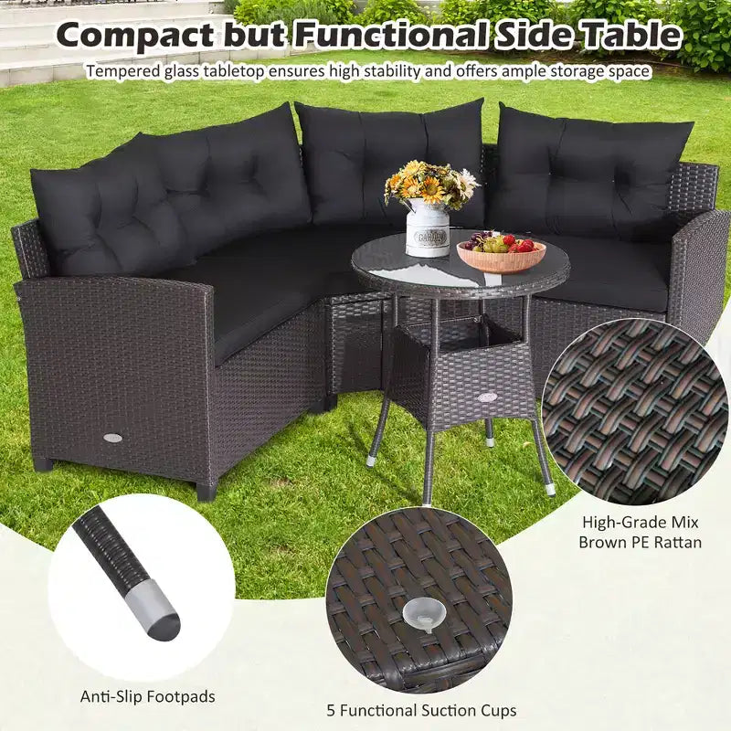 Costway Salon de Jardin 4 Pièces en Rotin avec Coussins Canapé et Table en Verre