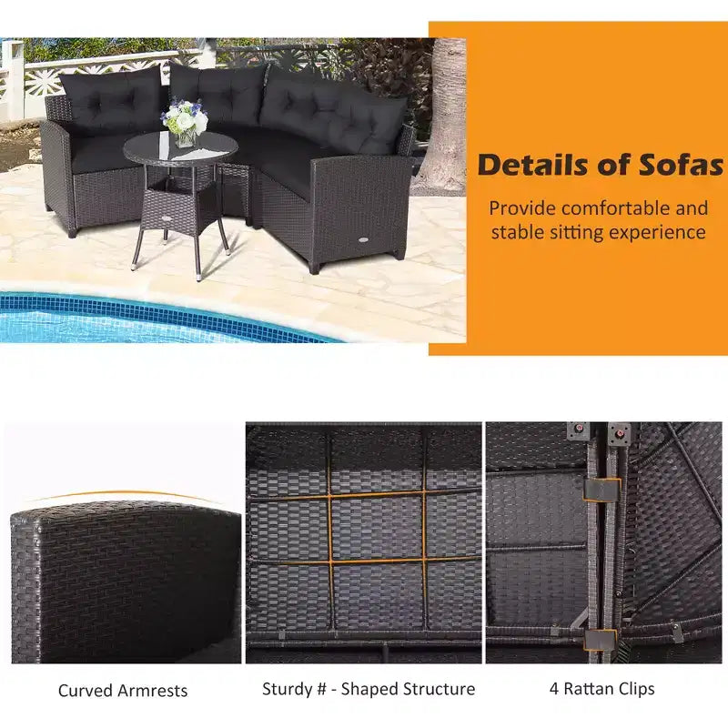 Costway Salon de Jardin 4 Pièces en Rotin avec Coussins Canapé et Table en Verre