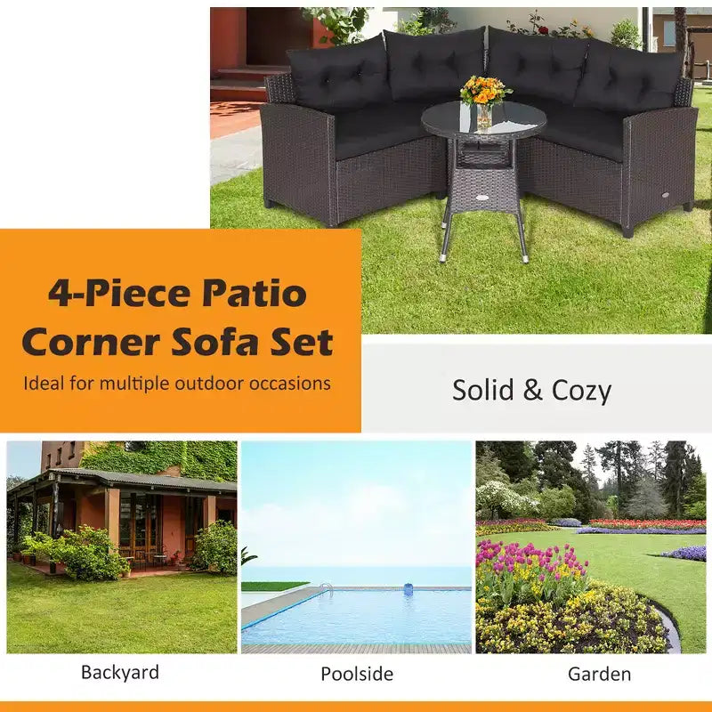 Costway Salon de Jardin 4 Pièces en Rotin avec Coussins Canapé et Table en Verre