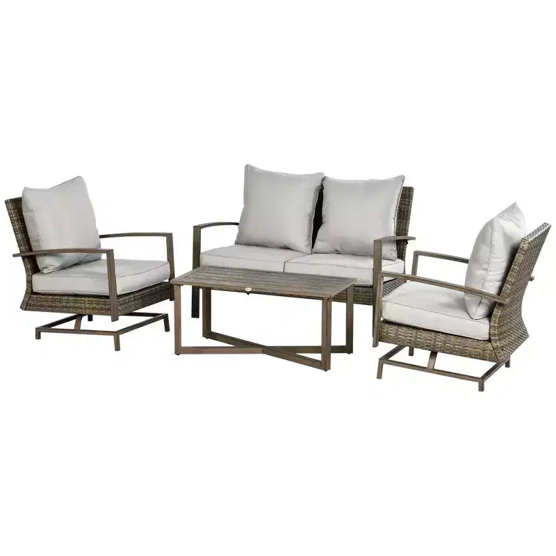 Ensemble de meubles de patio Outsunny, ensemble de conversation de jardin 4 pièces en rotin avec 2 fauteuils à bascule, coussins, canapé et table basse