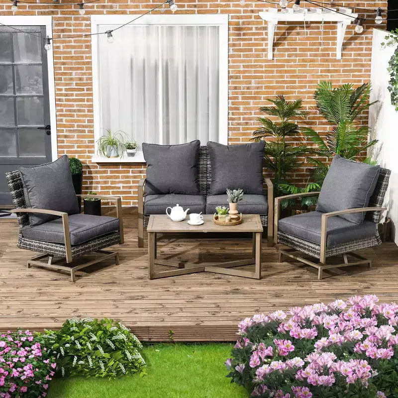 Ensemble de meubles de patio Outsunny, ensemble de conversation de jardin 4 pièces en rotin avec 2 fauteuils à bascule, coussins, canapé et table basse