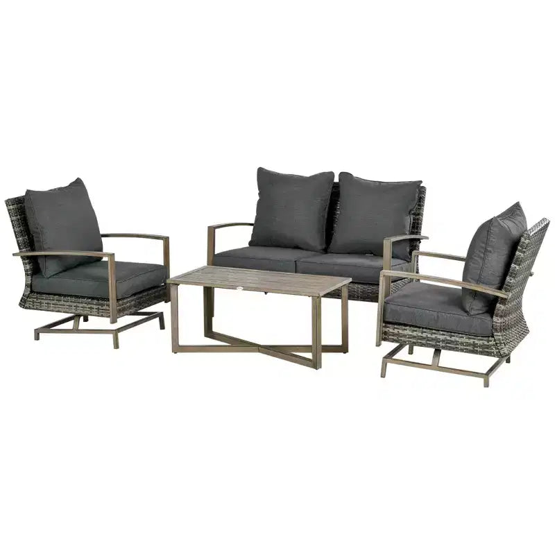 Ensemble de meubles de patio Outsunny, ensemble de conversation de jardin 4 pièces en rotin avec 2 fauteuils à bascule, coussins, canapé et table basse