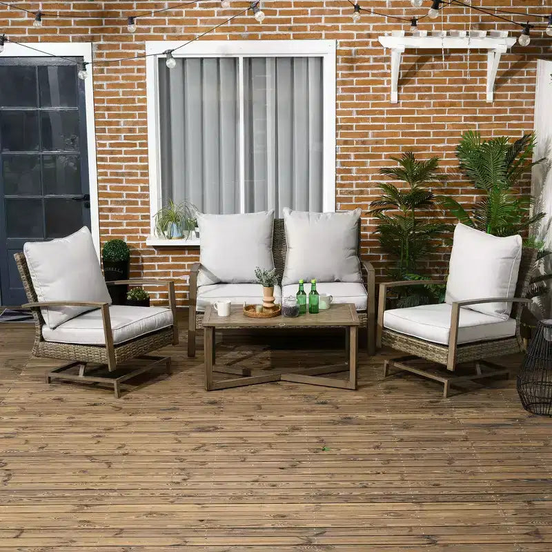 Ensemble de meubles de patio Outsunny, ensemble de conversation de jardin 4 pièces en rotin avec 2 fauteuils à bascule, coussins, canapé et table basse