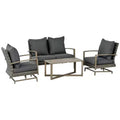 Outsunny Patio Furniture Set, 4 Piece Outdoor Rattan Conversation Set with 2 Rocking Chairs, Cushions, Loveseat Sofa & Coffee Table