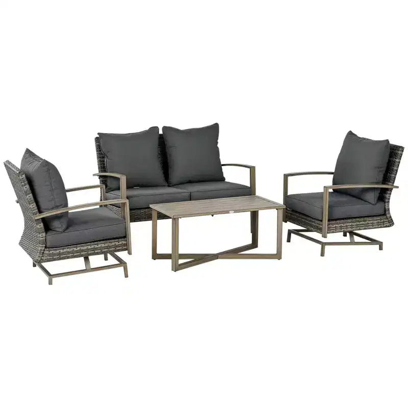 Outsunny Patio Furniture Set, 4 Piece Outdoor Rattan Conversation Set with 2 Rocking Chairs, Cushions, Loveseat Sofa & Coffee Table