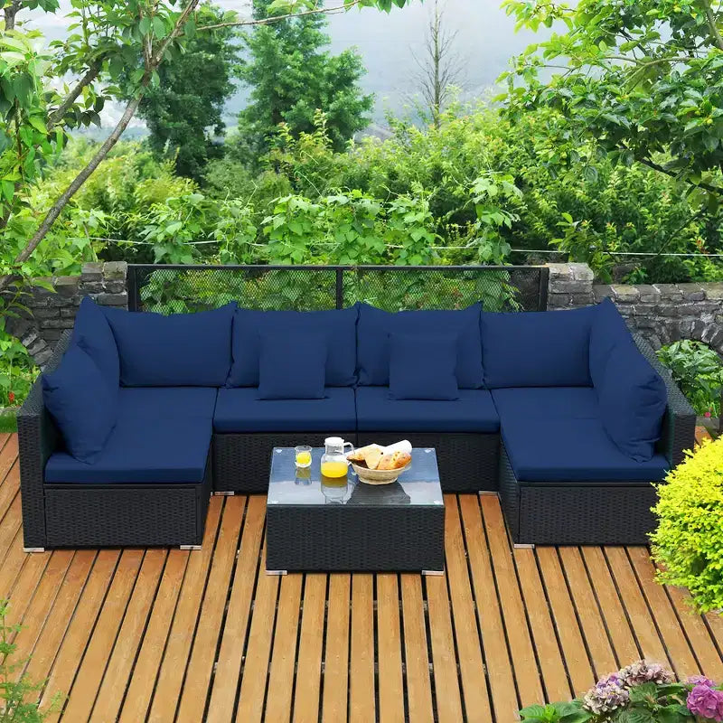 Costway Ensemble de Canapés de Jardin en Rotin 7 Pièces Sectionnel Conversation Salon de Jardin Beige\Bleu Marine\Rouge\Bleu Marine