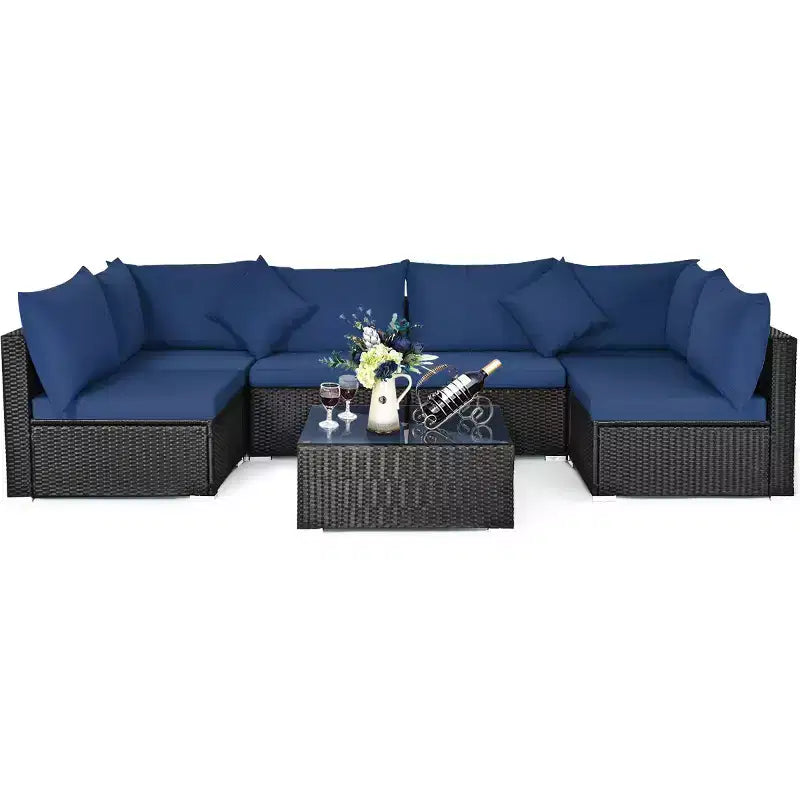 Costway Ensemble de Canapés de Jardin en Rotin 7 Pièces Sectionnel Conversation Salon de Jardin Beige\Bleu Marine\Rouge\Bleu Marine