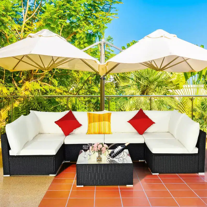Costway Ensemble de Canapés de Jardin en Rotin 7 Pièces Sectionnel Conversation Salon de Jardin Beige\Bleu Marine\Rouge\Bleu Marine