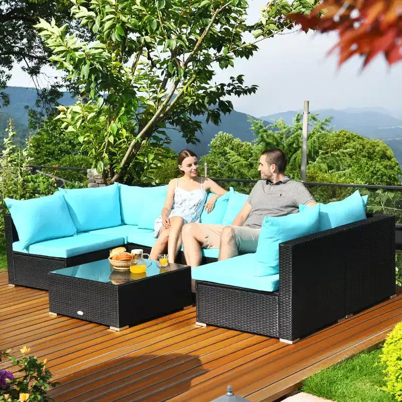 Costway Ensemble de Canapés de Jardin en Rotin 7 Pièces Sectionnel Conversation Salon de Jardin Beige\Bleu Marine\Rouge\Bleu Marine