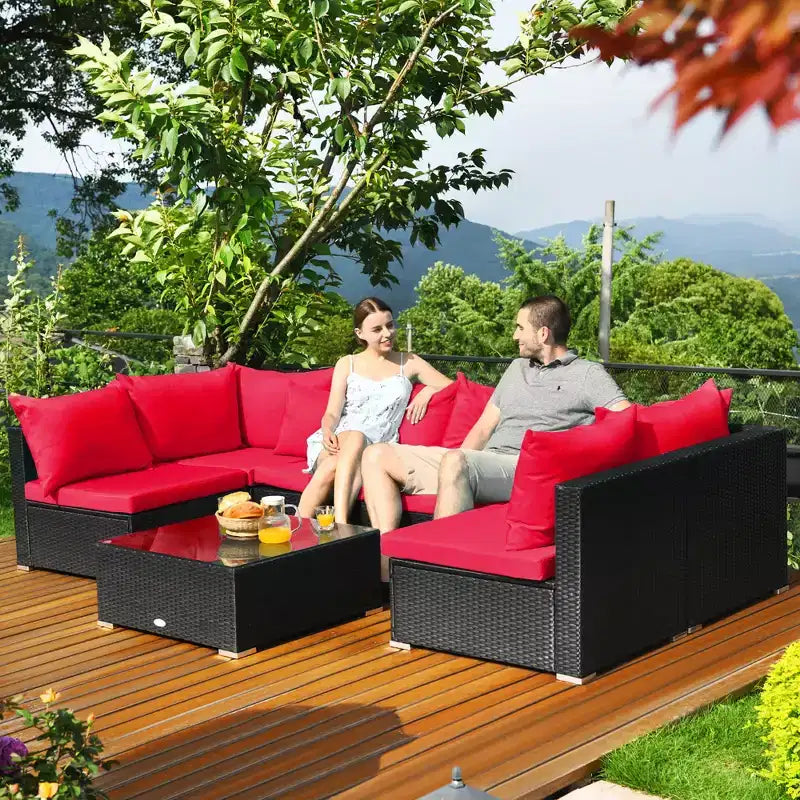 Costway Ensemble de Canapés de Jardin en Rotin 7 Pièces Sectionnel Conversation Salon de Jardin Beige\Bleu Marine\Rouge\Bleu Marine